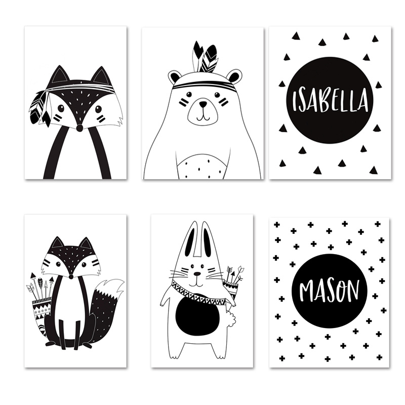 Baby Name Wall Art - Schwarz Weiß Cartoon Bär Kaninchen Baby