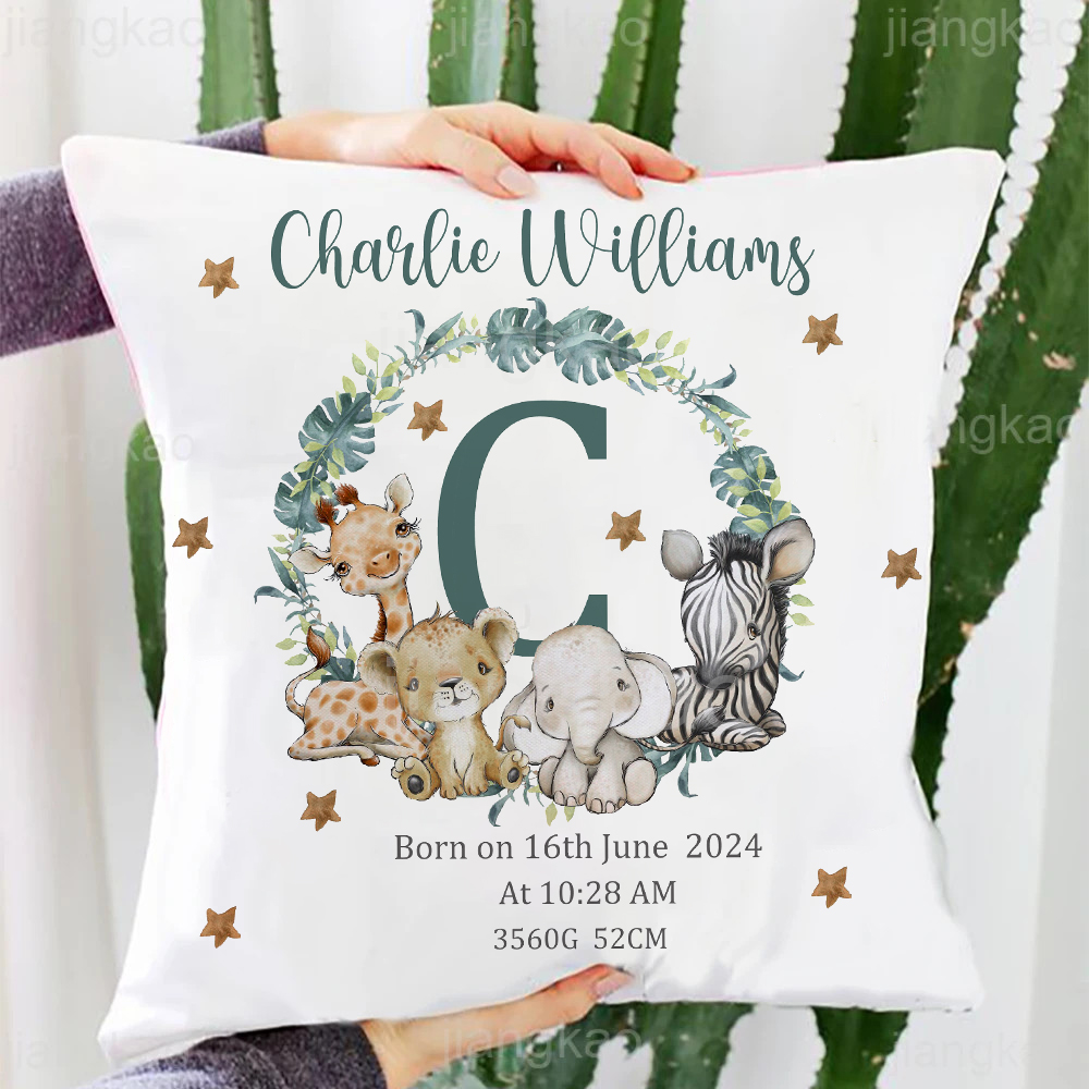 Baby Nursery Name Letters - Personalisierter Safari-Tier mit Namen, Kissenbezug, Kinderzimmer-Kissenbezug,