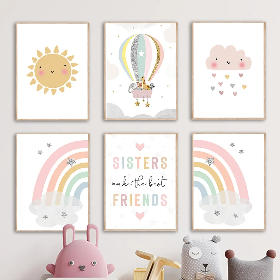 Baby Name Wall Art - Giraffe Elefant Heißluftballon Sonne Regenbogen Kinderzimmer
