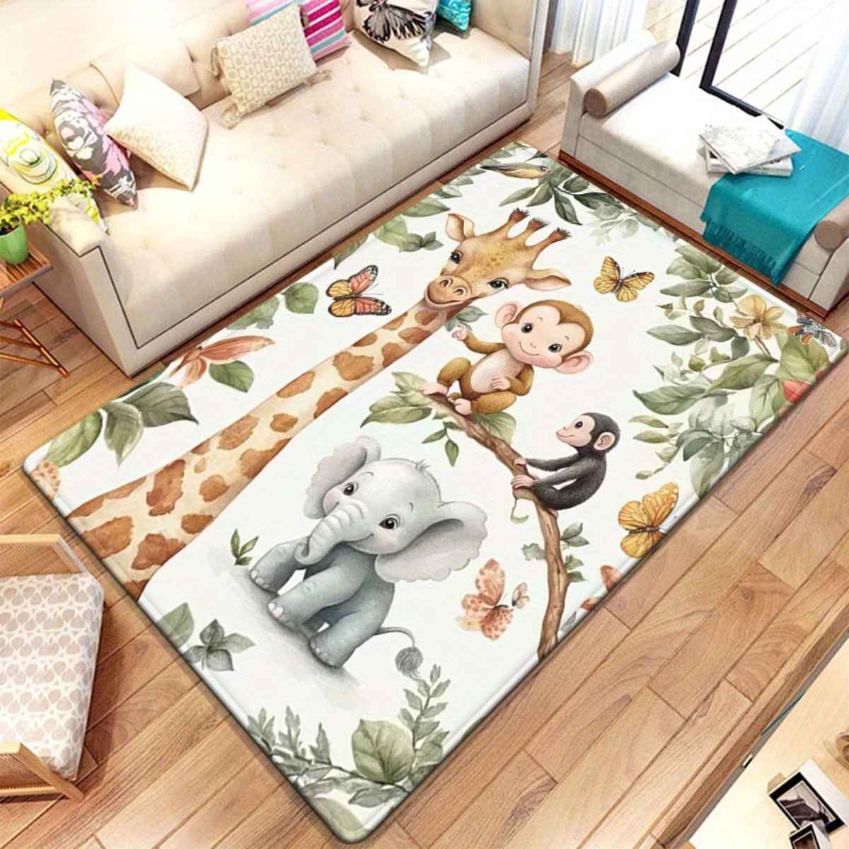 Baby Nursery Jungle Rug - Aquarell-Tier-Dschungel-Druck Teppich Kinderzimmer-Deko Waschbarer Safari-Teppich für