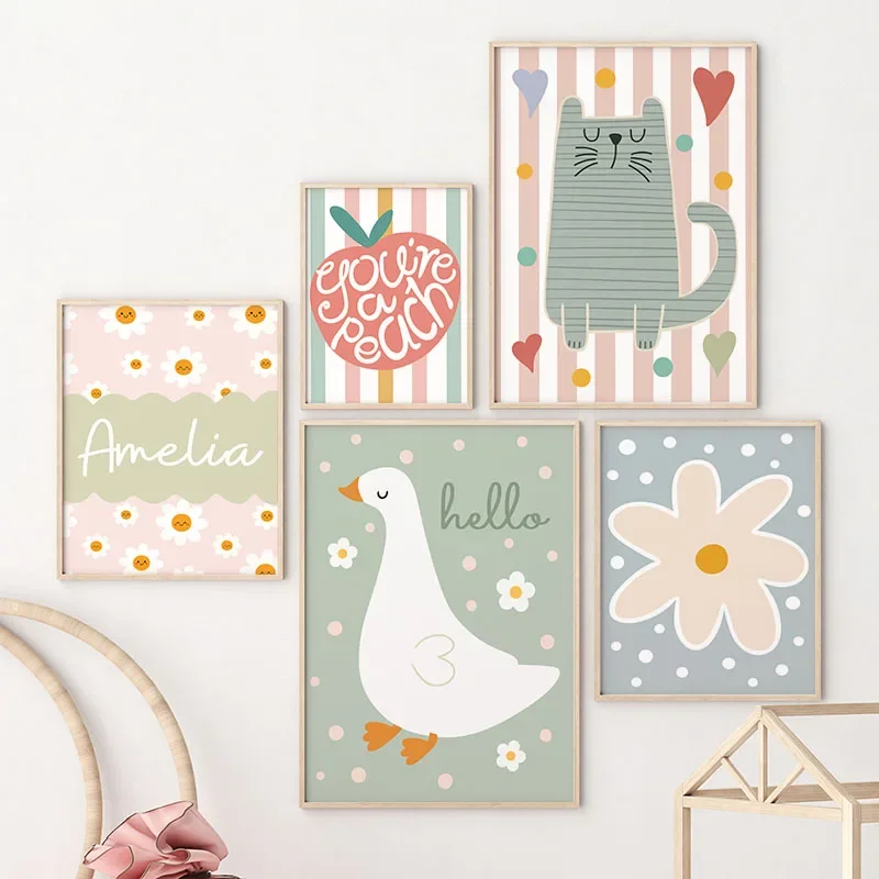 Baby Name Wall Art - Cartoon Katze Ente Vogel Apple Benutzerdefinierte