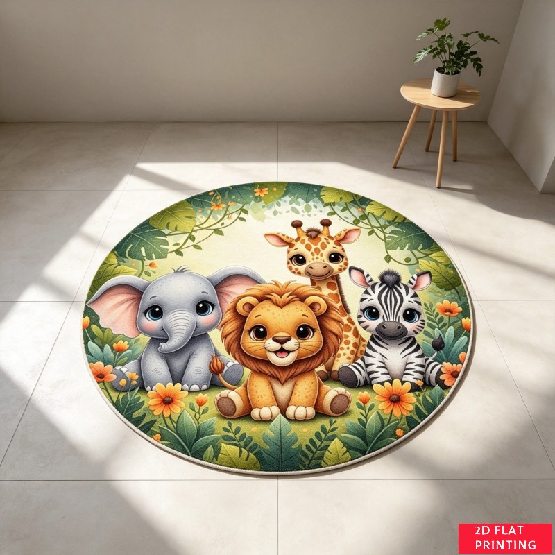 Baby Nursery Jungle Rug - Dschungel-Safari-Baby-Tiere Löwe Elefant Giraffe Zebra Runder