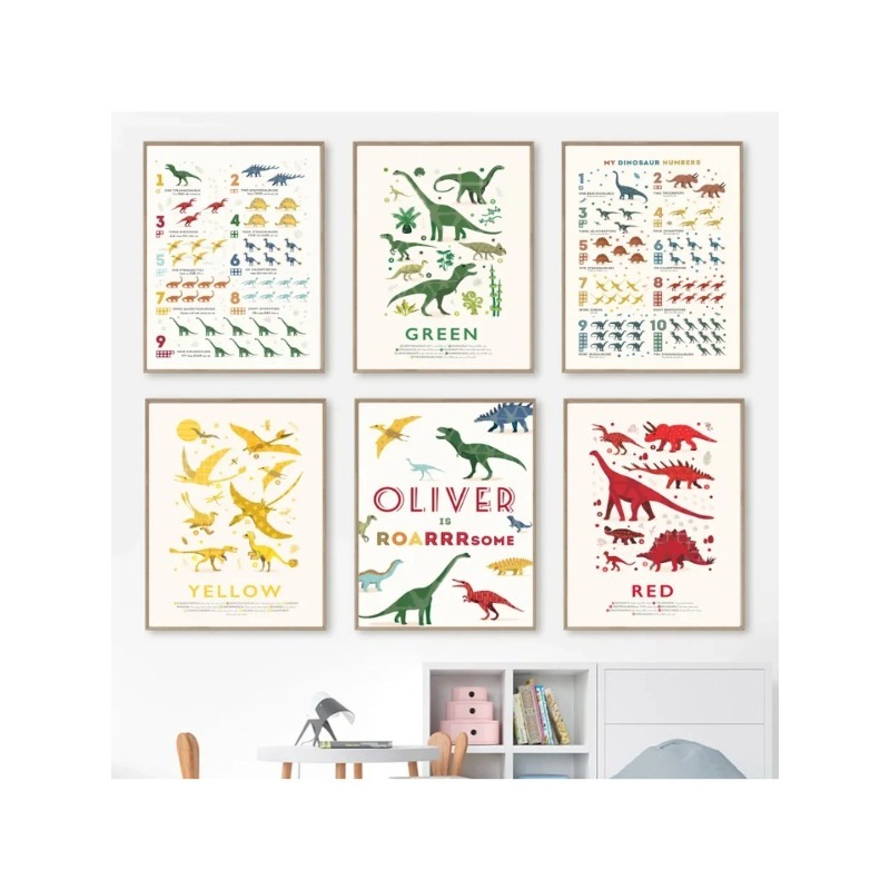 Baby Name Wall Art - Dinosaurier-Zahlen Lernposter ABC Alphabet Personalisierter Name