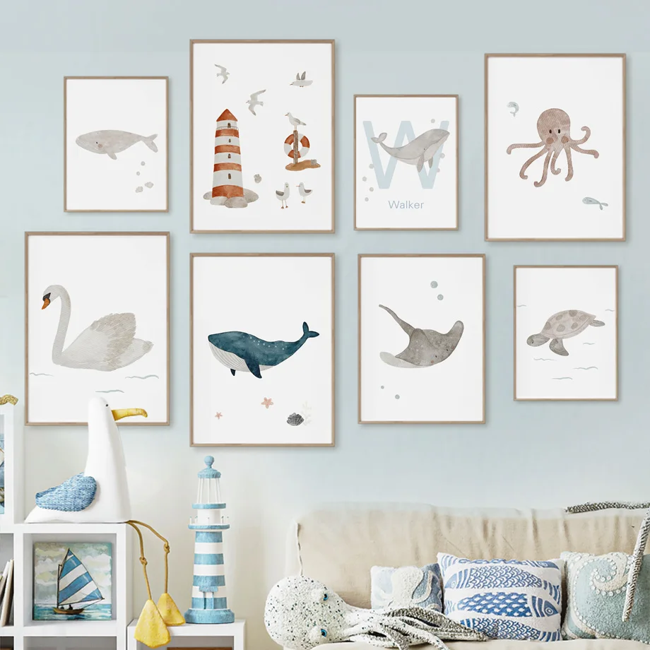 Baby Name Wall Art - Name Wal Oktopus Schildkröte Schwan Meerestier