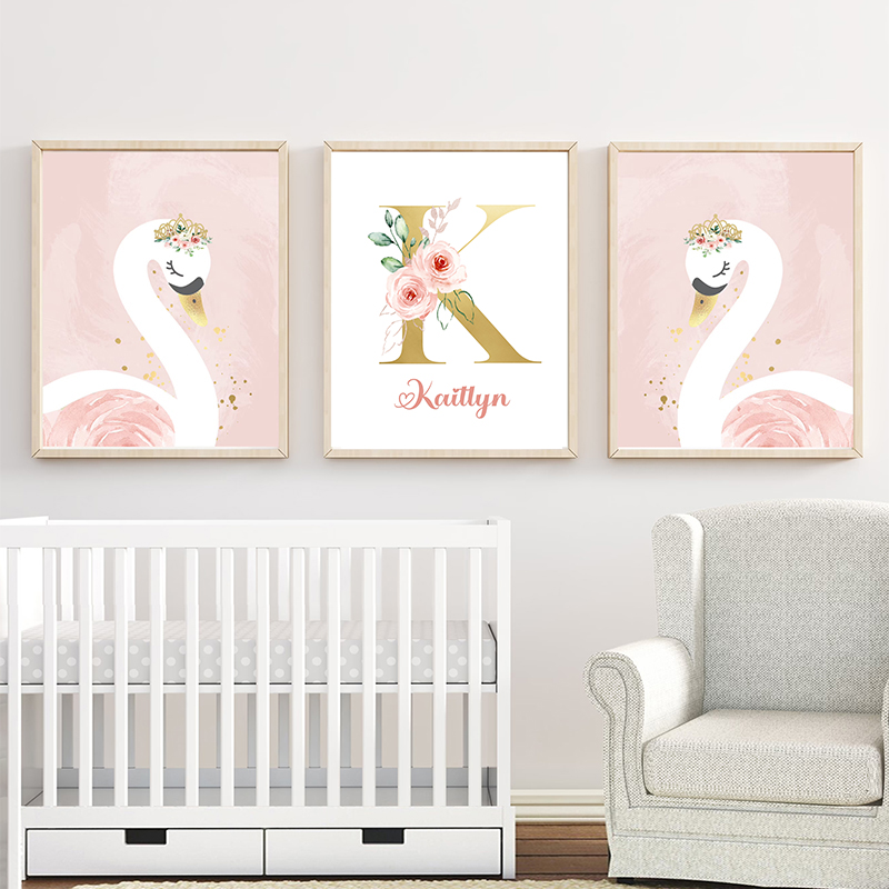Baby Nursery Name Letters - Rosa Krone Schwan Golden Maßgeschneiderte Baby