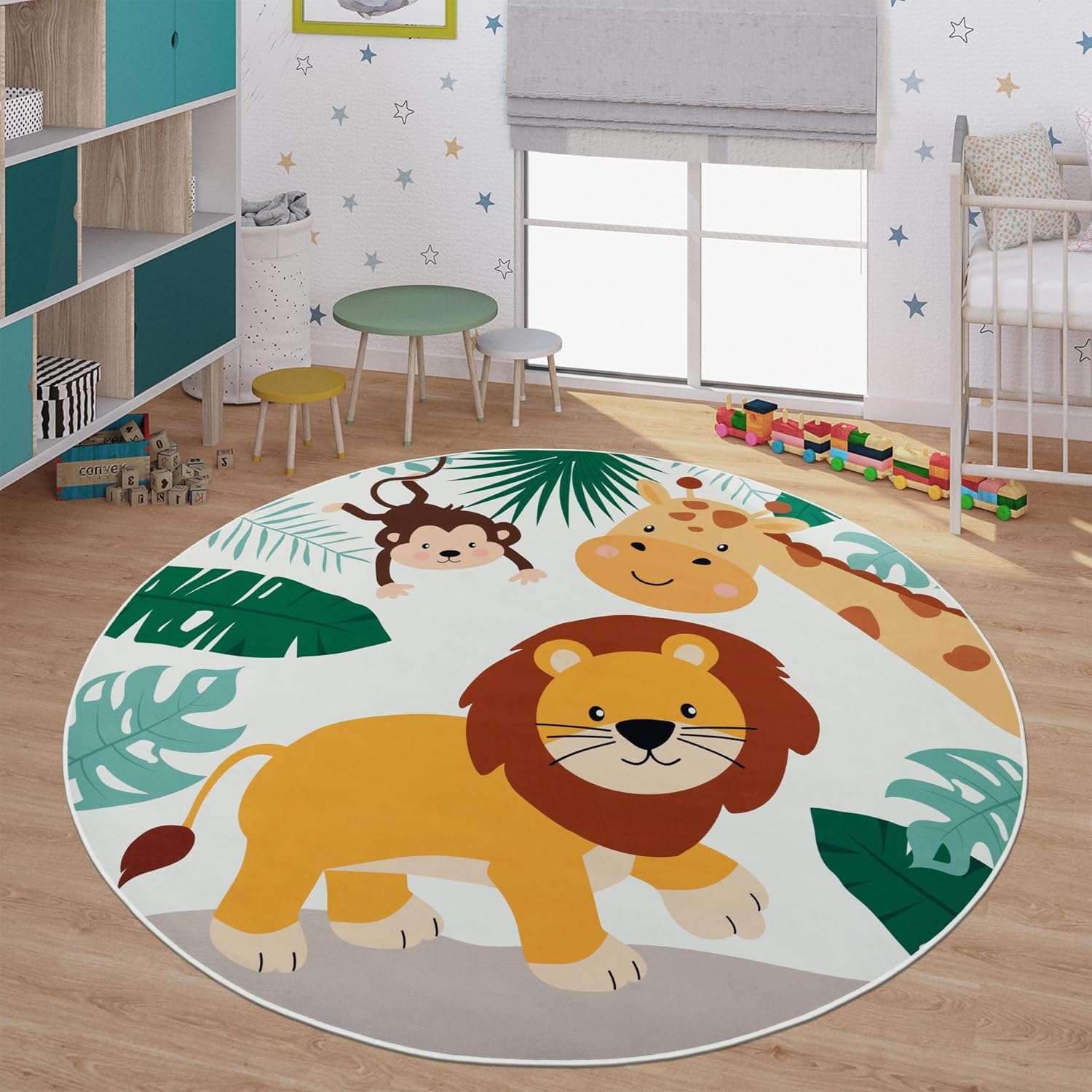 Baby Nursery Jungle Rug - Weiche Runde Spielmatte mit Dschungeltier-Motiv für