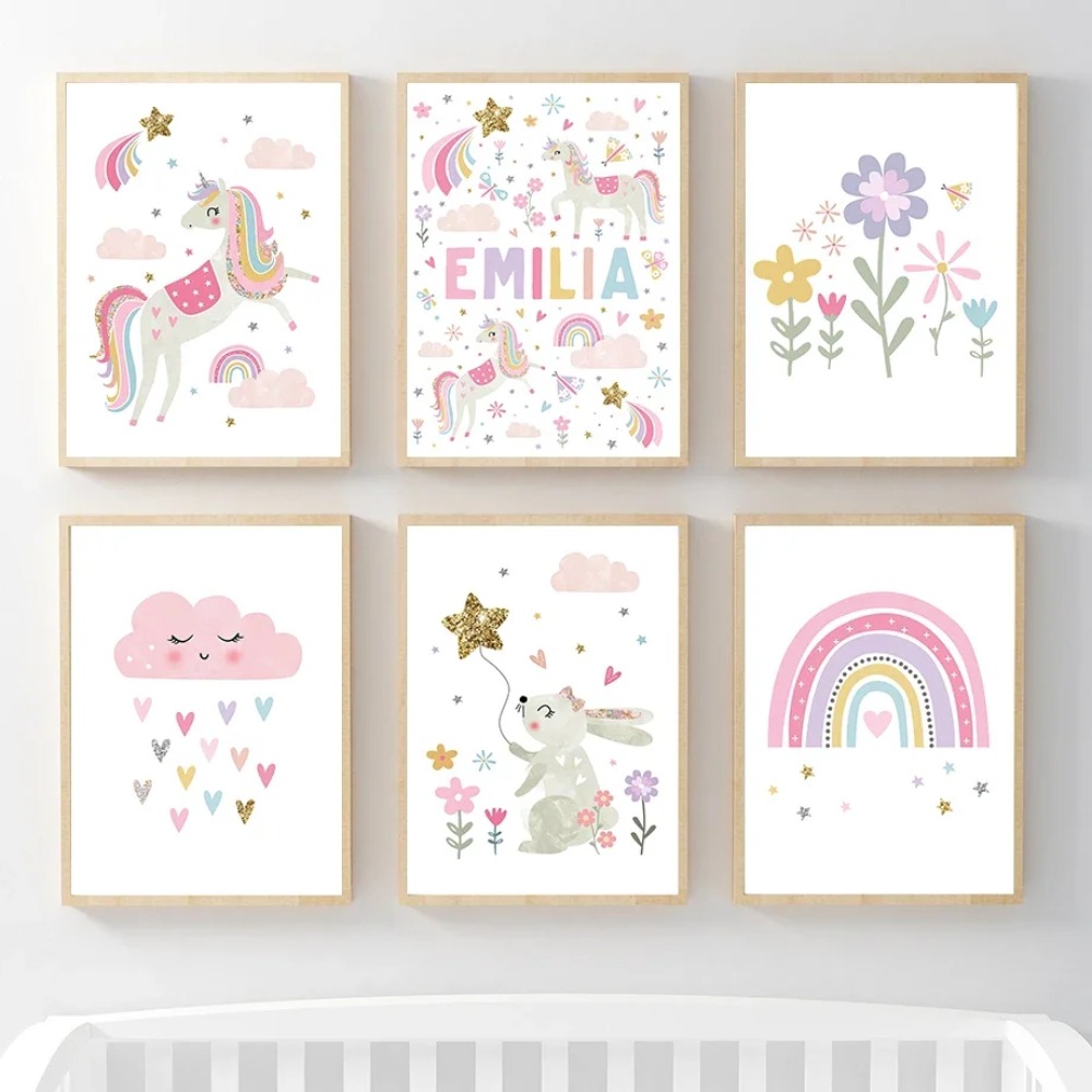 Baby Name Wall Art - Rosa Einhorn Kaninchen Regenbogen Wolke Blume