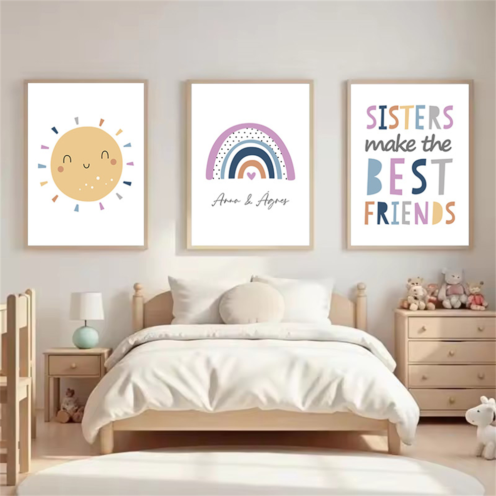 Baby Name Wall Art - Benutzerdefiniertes Namensposter, Cartoon-Sonne-Regenbogen-Leinwandgemälde, Schwestern sind die