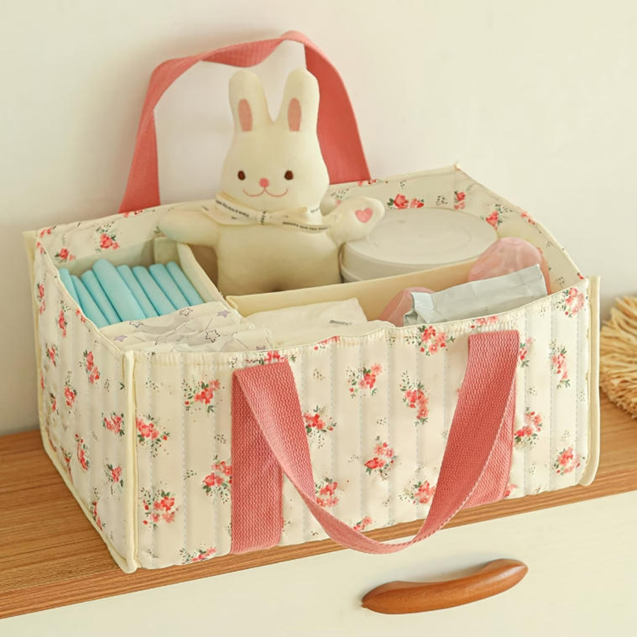 Baby Nursery Essentials - Blumenmuster Windel-Organizer, Tragbarer Aufbewahrungskorb mit Trennwänden,