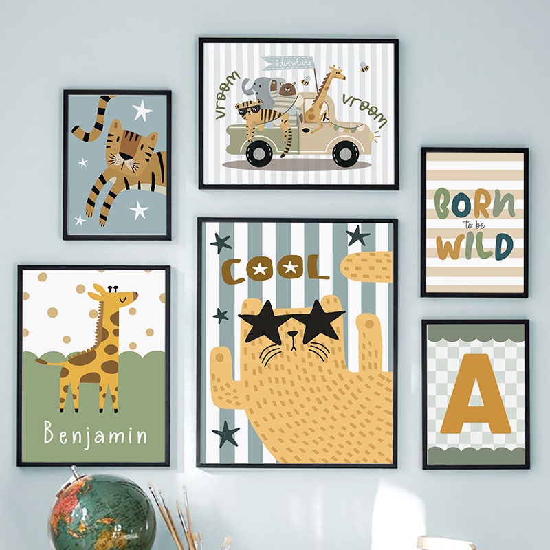 Kawaii Tiger Löwe Giraffe Auto – Baby Name Wall Art Bewertung und Preis
